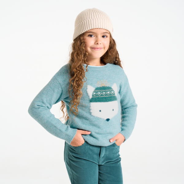 كنزة عليها نقش جاكار أزرق للبنات